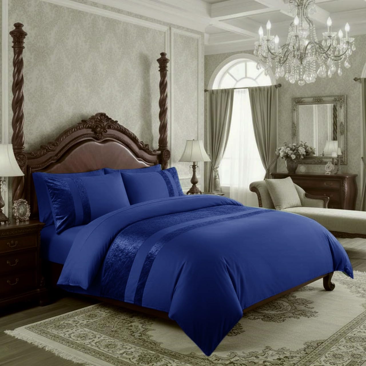 Casabella Luxury Crushed Velvet Panel Band Duvet Cover Sets with Pillow Case Super King Duve Cover Bedding Set – Navy Crush Velvet Super King Duvet Cover Sets