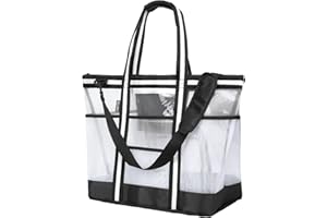 Vulken 42L Extra Large Mesh Beach Bag. 9 Pockets Top Zip Tote Bag Shoulder Bag