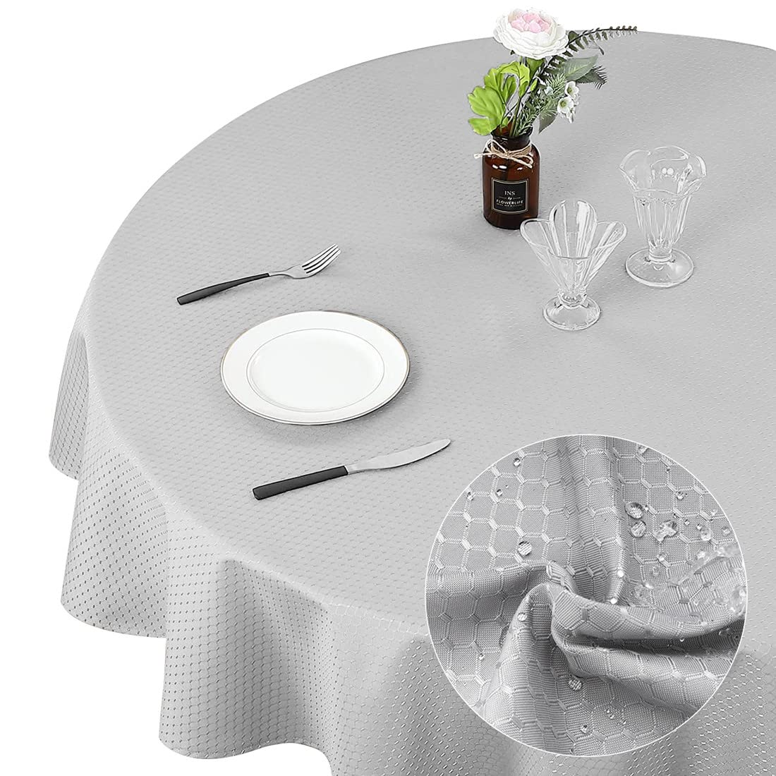 Eternal Beauty Round Table cloth, 150cm Wrinkle Free Tablecloth, Water Resistant and Machine Washable Circular Table Cover for Home Dining Party Restaurant (Silver Grey, 59inch)