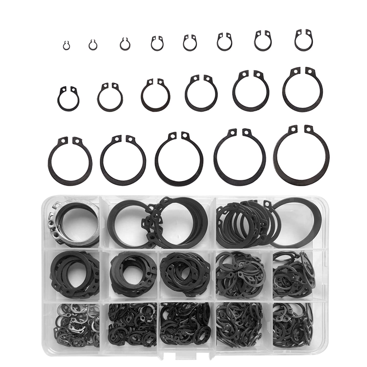 510Pcs Circlips Assorted,Metal C-Clip Assortment Set 19 Types Retaining E Clips(Φ3/4/5/6/7/8/9/10/12/14/16/18/20/22/24/26/28/30/32mm) for Internal External Shaft Fastener