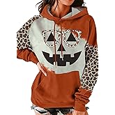 FASHGL Women Pumpkin Face Hoodie Halloween Jack O Lanterns Sweatshirt Casual Fall Leopard Splicing Long Sleeve Pullover Shirt