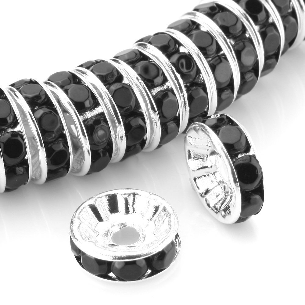 RUBYCA 100pcs 10mm A+++ Round Rondelle Spacer Charm Beads Silver Tone JB Jet Black Czech Crystal — image 1