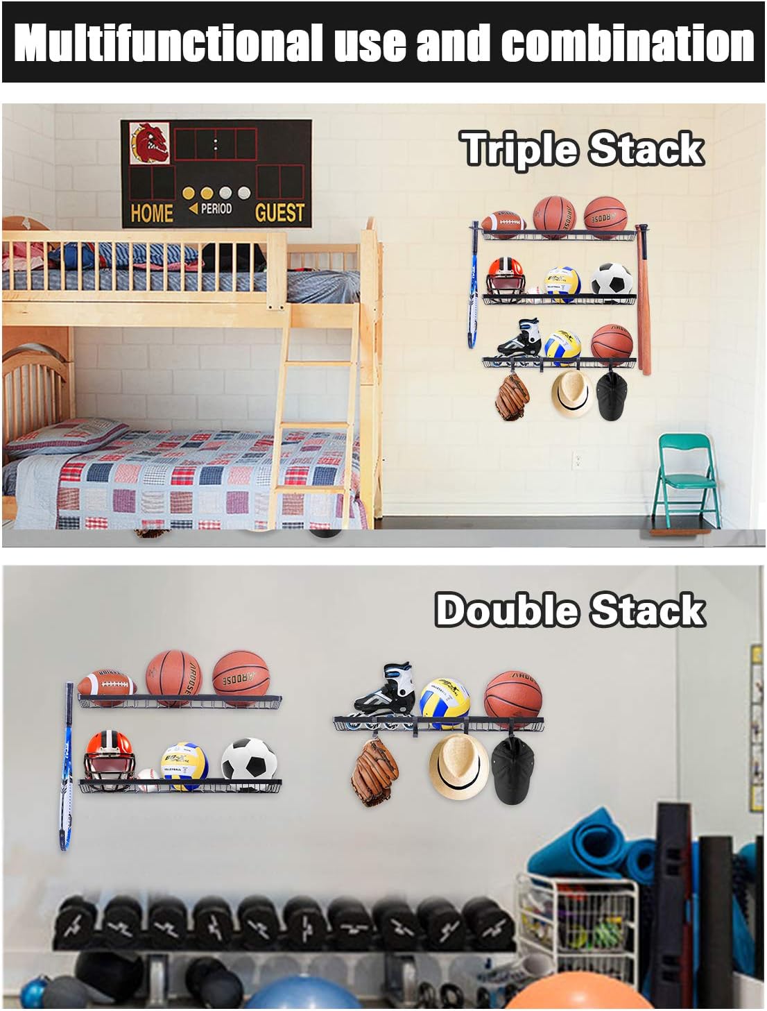 Mythinglogic Sports Equipment Storage Rack,Wall Mount Ball Rack Garage Organizer, 3 Separate Ball Storage Rack for Basketball, with Hooks: Sports & Outdoors