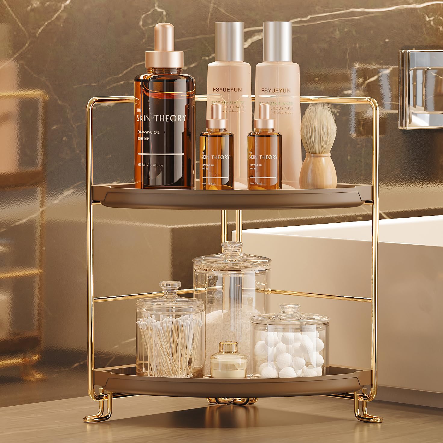 Photo 1 of FSyueyun 2-Tier Corner Bathroom Counter Organizer, Tool-Less Installation Corner Vanity Organizer Small Plastics Countertop Makeup Tray Skincare Perfume Organizers (Gold & Brown)