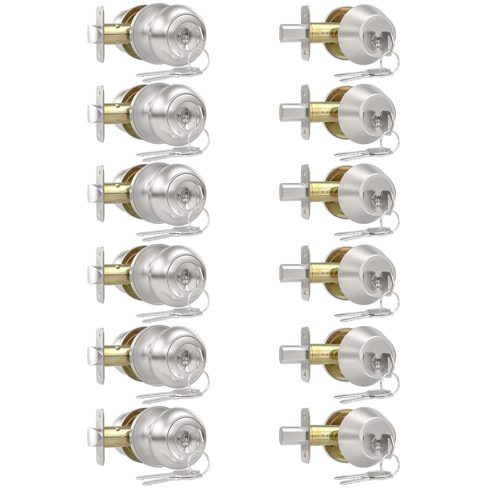 Photo 1 of AEEKEL 6 Pack Keyed Alike Exterior Door Knob with Lock, Single Cylinder Deadbolt Lock and Entry Door Knob Set, Brushed Nickel Bedroom Door Knobs with Lock and Key for Entrance and Front Door