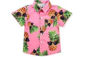 OCHENTA Boy's Button Down Hawaiian Shirt Short Sleeve Pineapple Sunglass Print, Aloha Party Dress Tops A Green Tag 100CM - 2T