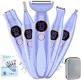 5 in 1 Bikini Trimmer for Women,IPX7 Waterproof Cordless Replaceable Pubic,Eyebrow,Facial Electric Razors&Nose Hair Trimmer&Painless Body Shaver for Arms Legs Underarms,USB Charge,LED Display,Wet&Dry