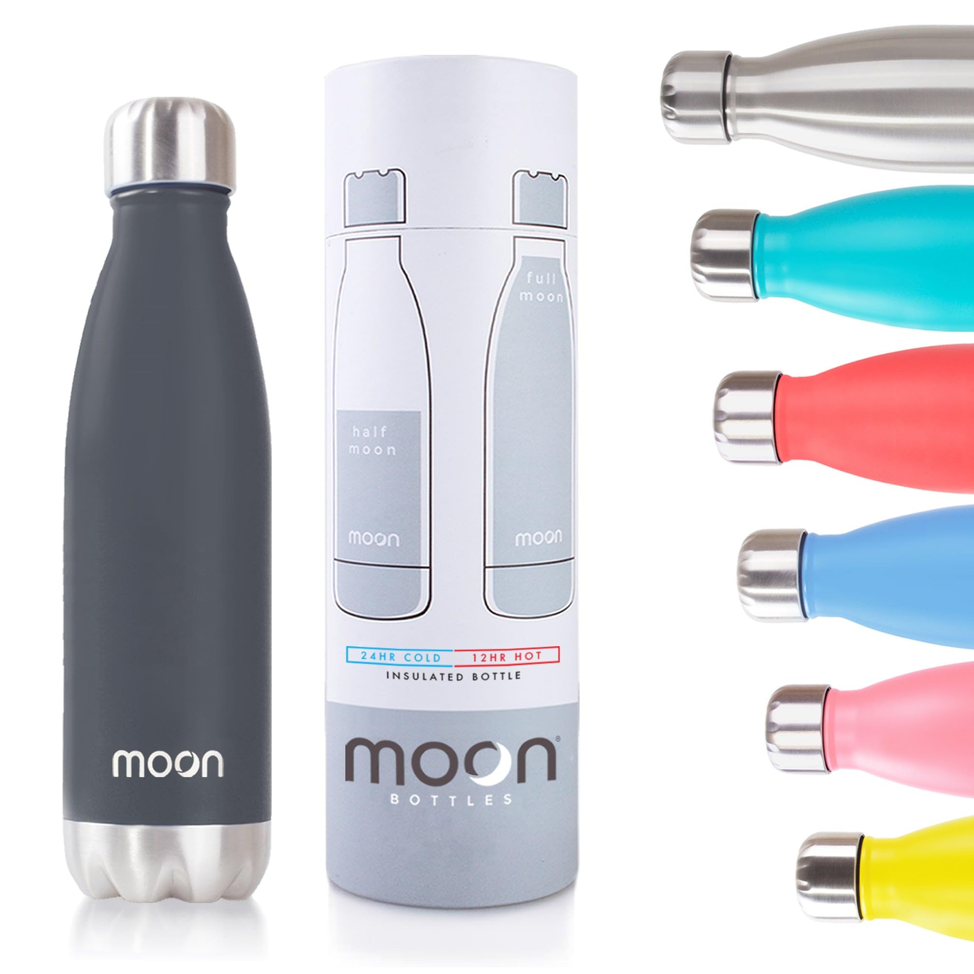 Moon Bottles - Insulated Water Bottle that Lasts Forever - 18/8 Stainless Steel Vacuum Flask - Double Walled Drink Bottle - Thermal Metal Flasks, Leakproof, 24hrs Cold & 12 Hot (500ml, Matte Black)