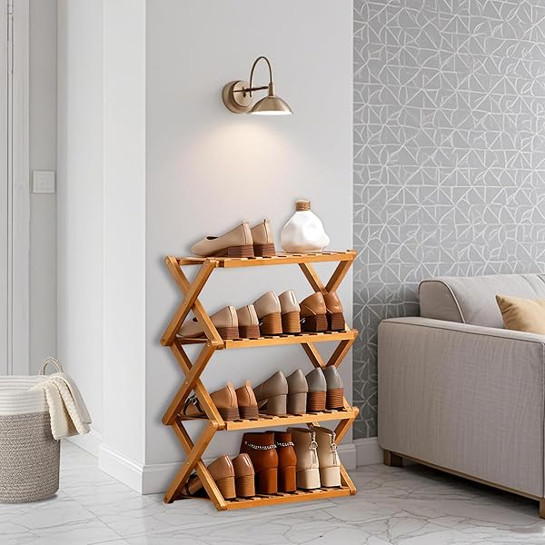 JESSIE BAMBOO SHOE RACK,FREE STANDING SHOE RACK FOR CLOSET,PORTABLE FOLDING SHOE STORAGE RACK, SPACE SAVING,SHOE SHELF FOR BEDROOM ENTRYWAY HALLWAY CLOSET LIVING ROOM (PRIMARY-3 TIER)