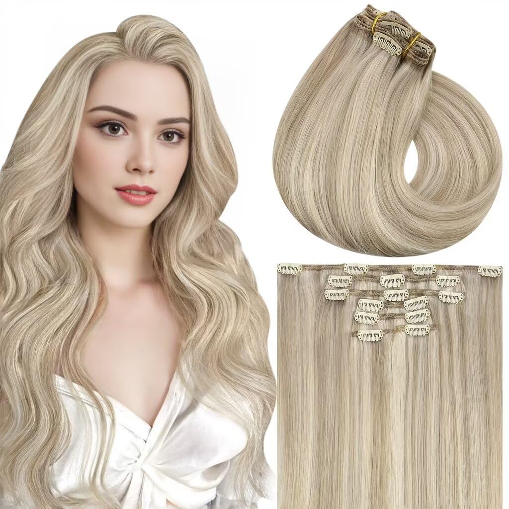 Vivien Clip in Extensions Real Human Hair Blonde 20 Inch Natural Hair Extensions Clip in Dark Ash Blonde with Light Full Head Silky 120g 7Pcs #16/22