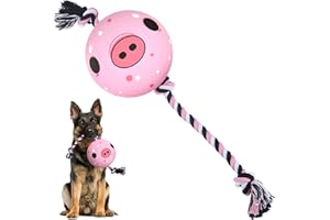 QDAN Dog Rope Toy Soccer Ball - Squeaky Dog Toys on Rope, Tug of War Dog Balls with Bell Inside, Dog Plush Toys for Small Medium Dogs, Dogs Birthday Gifts, Pig