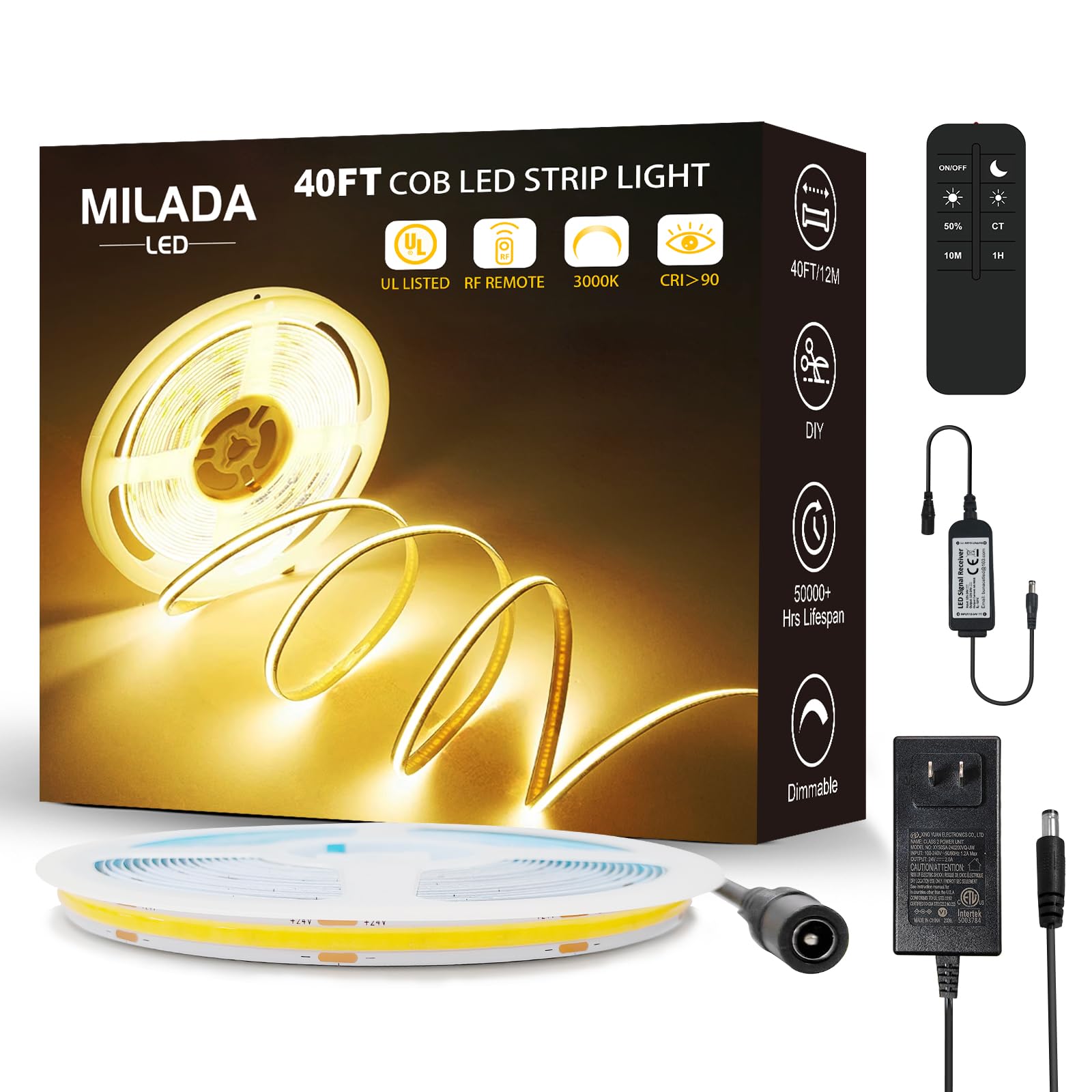 Photo 1 of MILADALED COB LED Strip Light 3000K 40FT/12M Warm White High Lumen Dimmable Strip Paired with RF Remote 24V UL Certified Adapter Suitable for Bedroom Cabinets