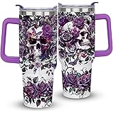 qynspngs 40oz Skull Goth Tumbler with Handle Gifts for Women Halloween Tumbler with Lid and Straw Horror Skeleton Stainless Steel Insulated Travel Coffee Cups