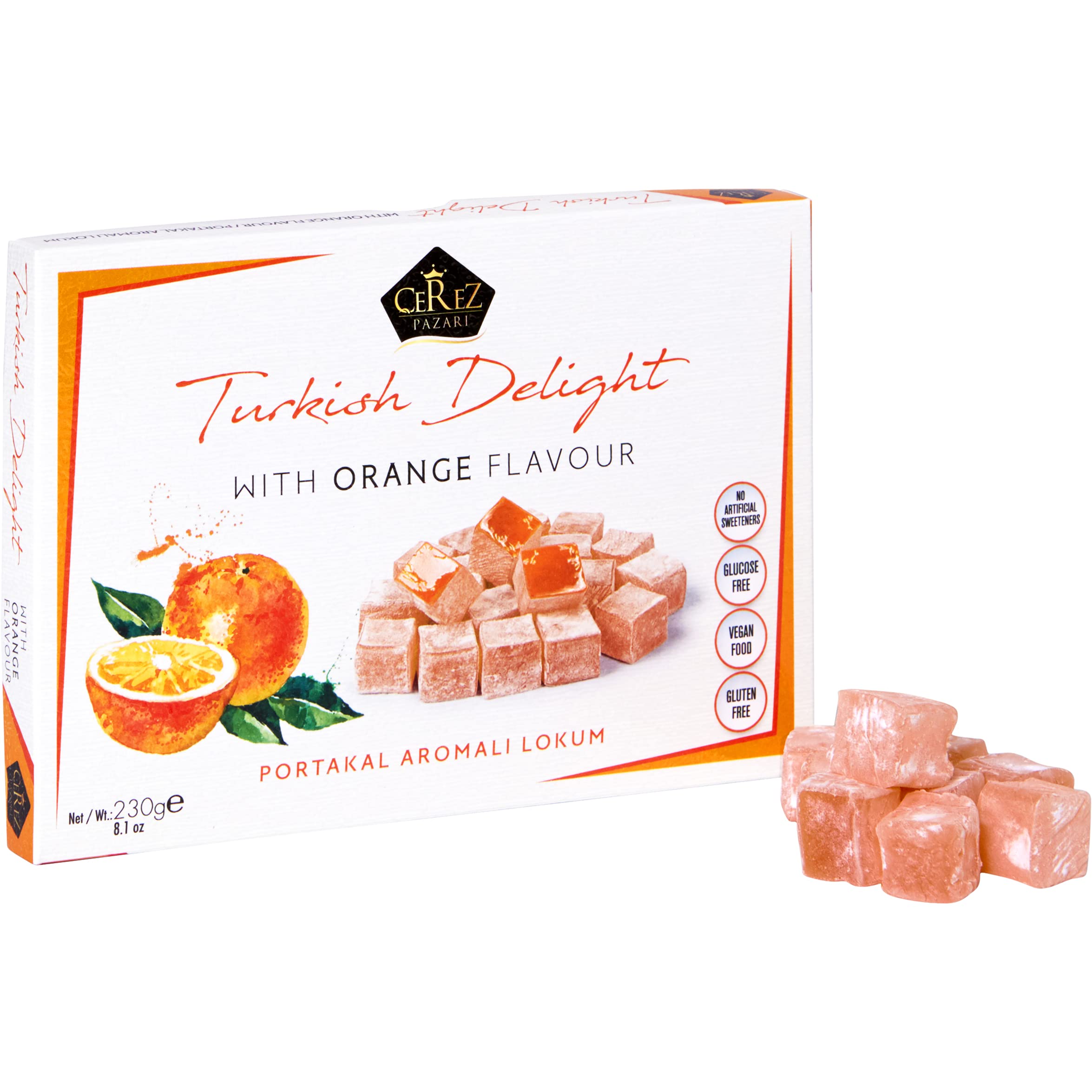 Cerez Pazari Turkish Delight with Orange Flavor 230g, Gourmet Small Size Snacks Gift Box, No Nuts Sweet Luxury Traditional Confectionery Vegan Soft Candy Dessert Glucose Free Lokum