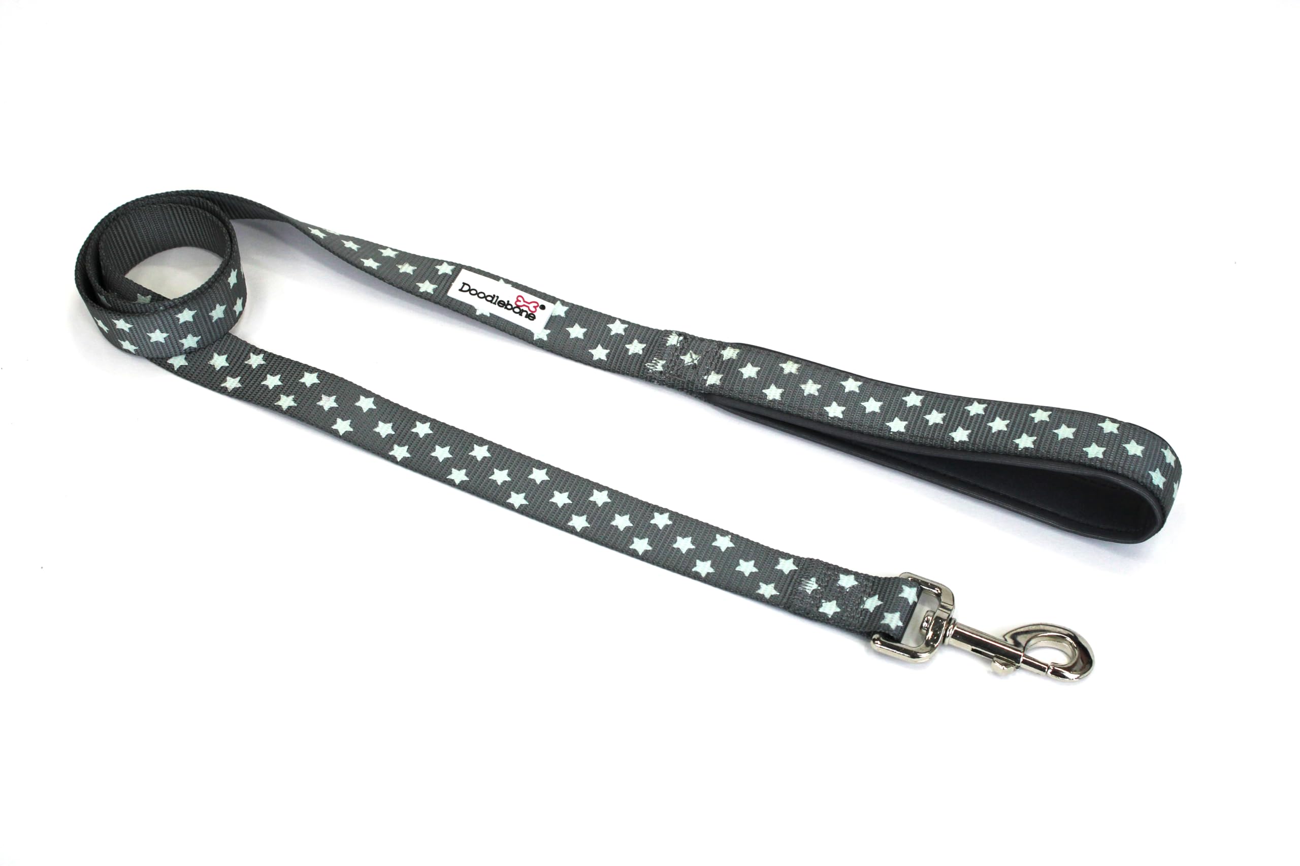 Doodlebone - Padded Dog Lead - Comfortable Dog Leash with Soft Neoprene Padded Handle, Strong Clip, 120cm Length, Machine Washable for Everyday Walks & Training - 20mm - Grey Stars Glow in Dark — image 1