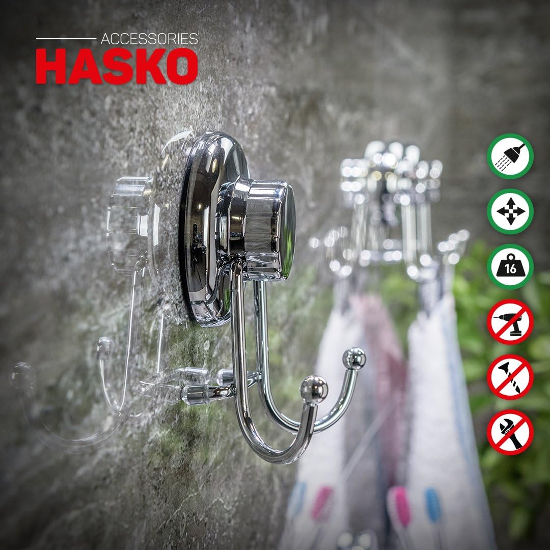 HASKO accessories - Powerful Vacuum Suction Cup Hook Holder - Organizer for Towel, Bathrobe and Loofah - Strong Stainless Steel Hooks for Bathroom & Kitchen, Towel Hanger Storage, Chrome (2 Pack): Home & Kitchen
