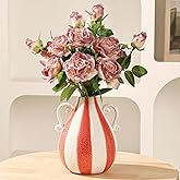 Ceramic Vase with Two Handles, Modern Boho Rustic Farmhouse Aesthetic Decorative Flower Vase for Home Decor, Living Room, Bookshelf, Office, Table Centerpiece, 7.67 Inch (Red White)