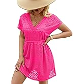 ALIREVERIE Women Summer Knit Crochet Eyelet Boho Swimwear Coverup Mesh Short Sleeve Elastic Waist Beach Dress Pink XL