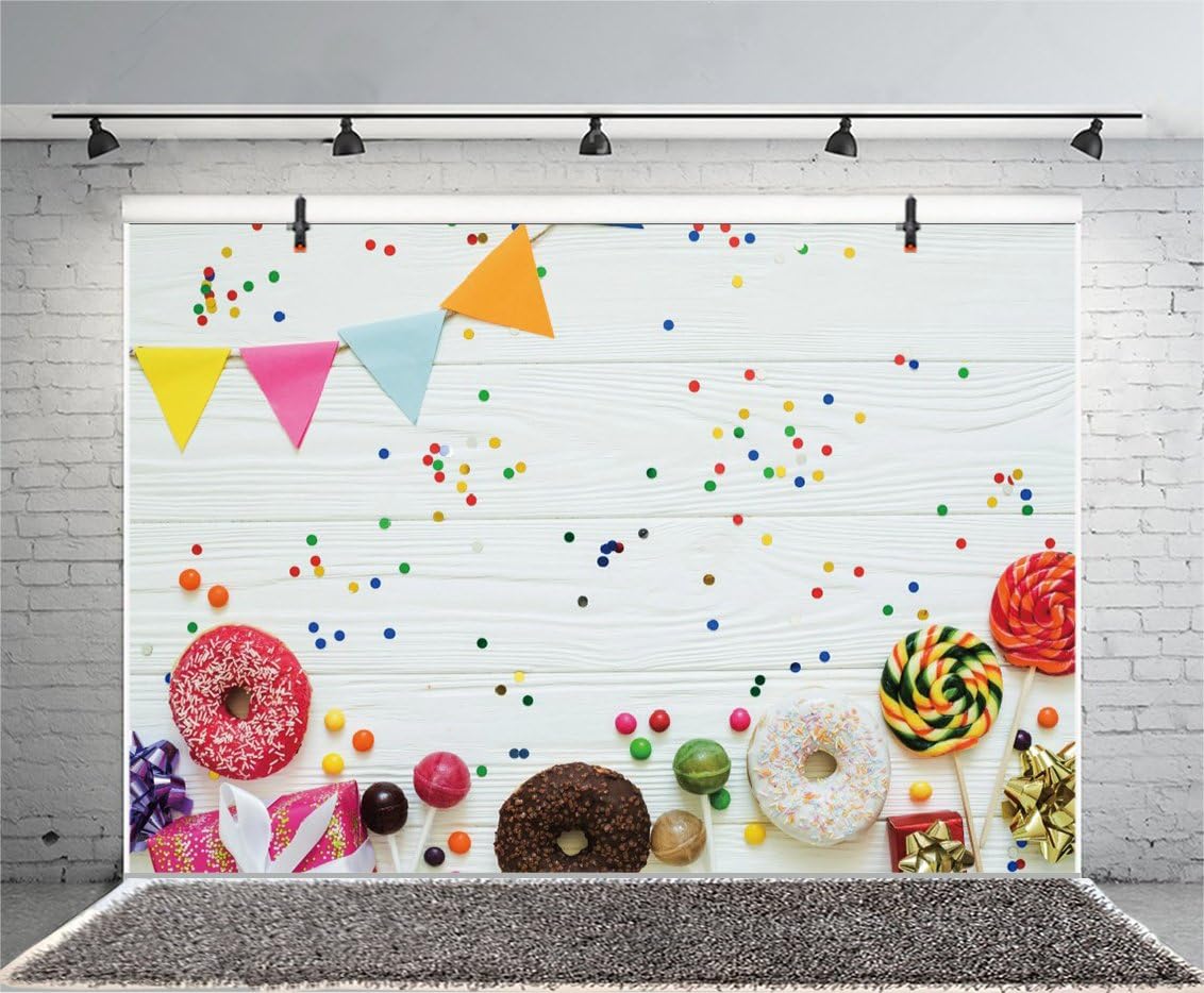 Leyiyi 5x3ft Photography Background Happy Birthday Backdrop Gifts Ribbon Donuts Lollipops Chocolate Sweet Banner Vintage Wooden Board Dessert Table Baby Shower Photo Portrait Vinyl Studio Prop