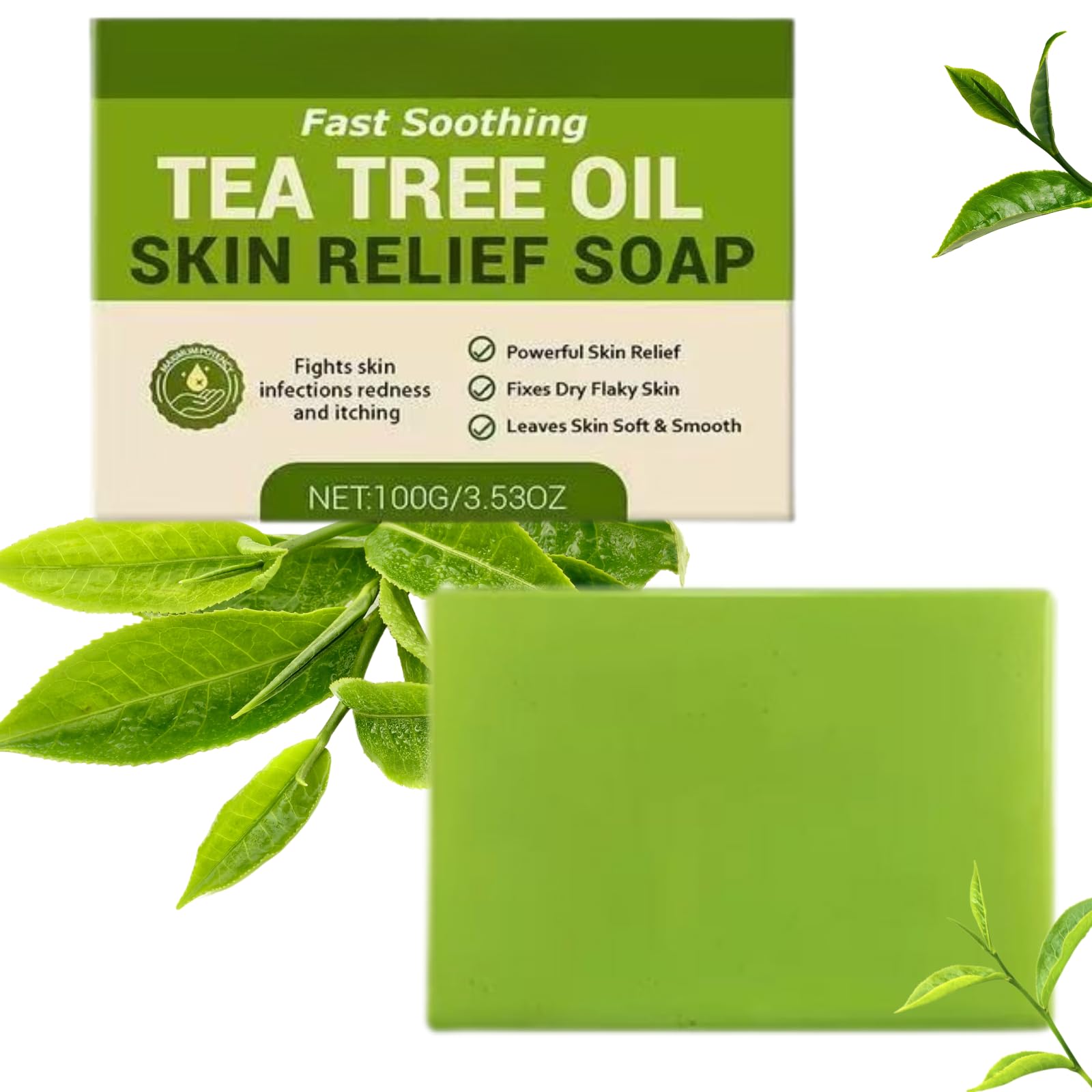 Tea Tree Oil Soap Bar, Natural Athlete's Foot Soap with Coconut Oil, Olive Oil, Body Wash Bar for Itchy Skin, Odor & Sweat Removal, 100g Tea Tree Bar