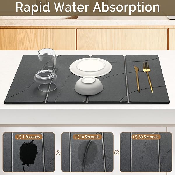 LARGE STONE DISH DRYING MAT FOR KITCHEN COUNTER, 2 PCS QUICK DRY STONE MATS, FOLDABLE WATER ABSORBING DIATOMACEOUS EARTH DRYING DISHES PAD FOR COUNTERTOP BOTTLE UTENSIL CUP(CARVED GRAY 24″X16″&8″X4″)