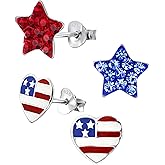 ICYROSE set of 2 pairs 925 Sterling Silver American USA Flag Heart Stud and red & Blue Crystal Star Earrings (Nickel Free)