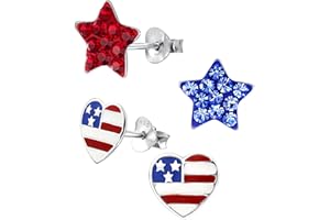 ICYROSE set of 2 pairs 925 Sterling Silver American USA Flag Heart Stud and red & Blue Crystal Star Earrings (Nickel Free)