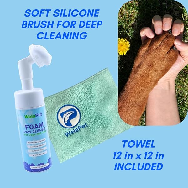 WELAPET FOAM PAW CLEANER | NO-RINSE FOAMING CLEANSER WITH SILICONE BRISTLE BRUSH FOR GENTLE DEEP CLEANING | FRAGRANCE-FREE, PH-BALANCED FORMULA SAFE FOR ALL DOGS AND CATS | 5OZ