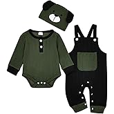 FOCUTEBB Baby Boy Clothes Cute Long Sleeve Romper Infant Pocket Overalls Adjustable Suspender Pants Set 0-18 Months