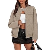 MEROKEETY Women's 2025 Faux Suede Bomber Jackets Trendy Long Sleeve Zip Up Fall Winter Coat Outerwear