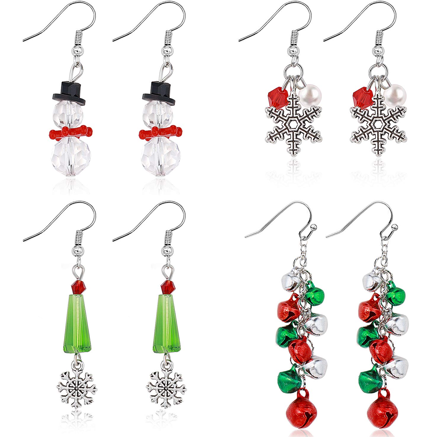Gleamart 4 Pairs Christmas Drop Dangle Earrings Set Gifts for Women Including Christmas Tree Bells Snowflake Snowman