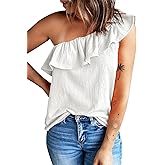 Dokotoo Womens One Shoulder Tops Ruffled Solid Tunic Shirts Sleeveless Loose Tank Top