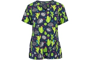 PETYCZEN Women's Scrub Tops Summer Cute Animals Print Short Sleeve V Neck T Shirts Stretchy Nursing Uniform Tops with Pockets
