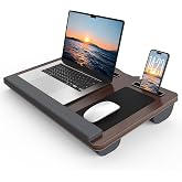 HETTHI Lap Desk with Cushion, Large Laptop Desk for Adults, Up to 17" Laptop Tray for Bed with Wrist Rest, 2 Self-Adhesive Mouse Pads, Portable Handle, Tablet Phone Slot (Dark Brown)