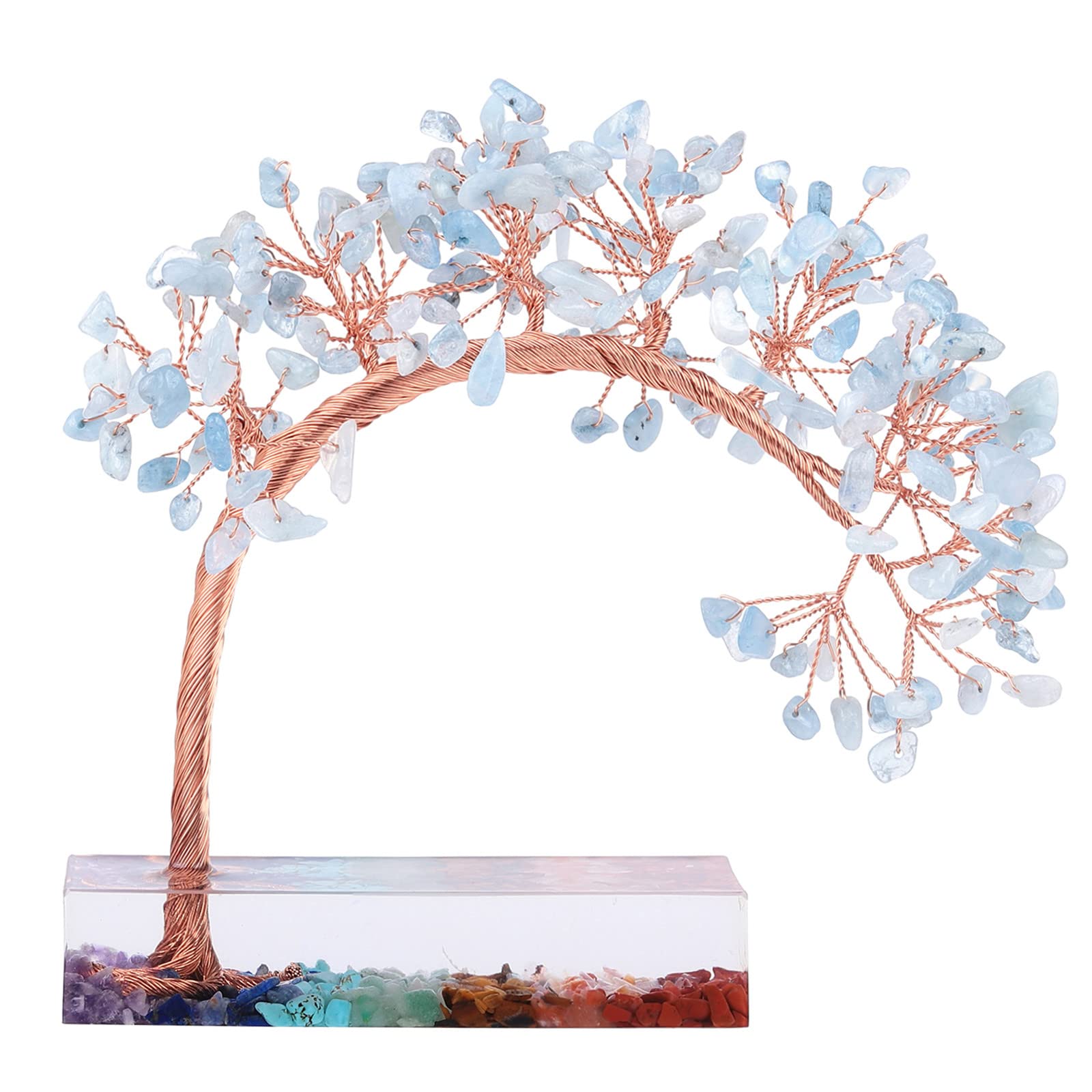 Nupuyai Aquamarine Crystal Money Tree of Life with 7 Chakra Base, Spiritual Healing Stone Bonsai Tree Fengshui Figurine Ornament for Good Luck Home Office Decor