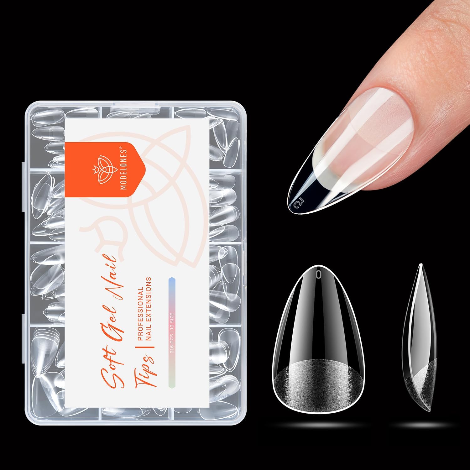 Modelones Short Almond Nail Tips, Pre-shaped 216PCS 12Sizes Full Cover Fake-Nails Soft Gel Acrylic-Nail Tips False-nail Kit