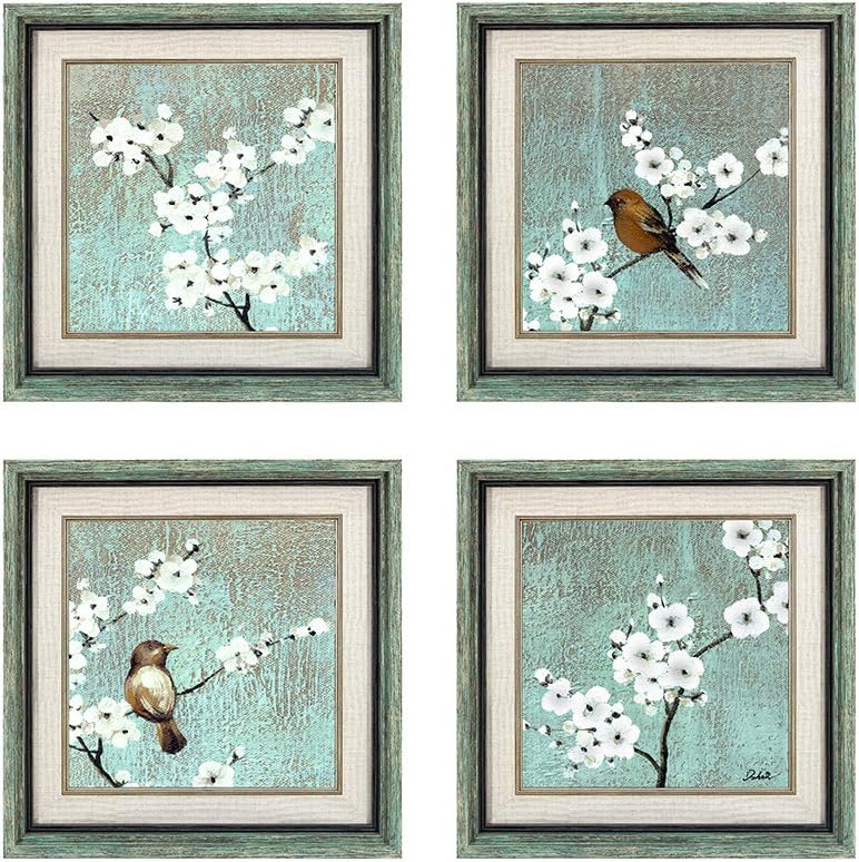 Dzhan Bird Wall Art, 16.7x16.7 Inches 4 Pcs Framed Art Wall Decor, Free Bird and Plum Flower Canvas Art, Wall Art for Living Room, Bedroom, Office, Gifts