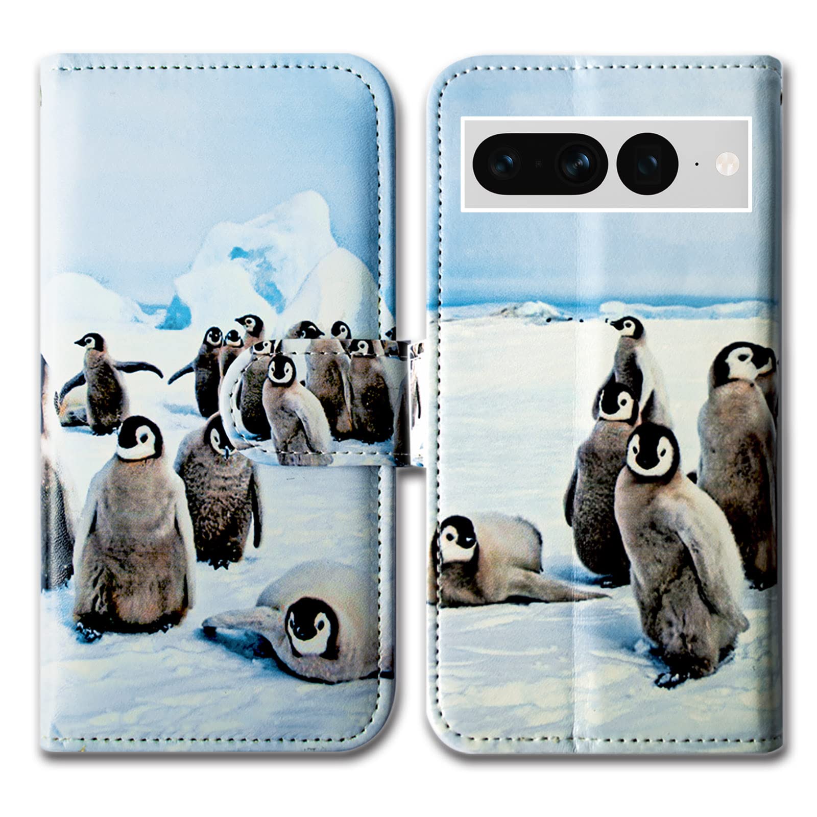 Bcov Pixel 7 Pro Case, Cute Playing Penguin Leather Flip Phone Case Wallet Cover with Card Slot Holder Kickstand For Google Pixel 7 Pro