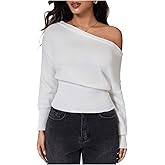 MakeMeChic Women's Long Sleeve One Shoulder Knit Top Boat Neck Lightweight Pullover Sweater