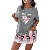 CHICME Pajamas Set for Women 2 Piece Pjs Lounge Set Soft Short Sleeve Tops and Sleep Shorts with Pocket