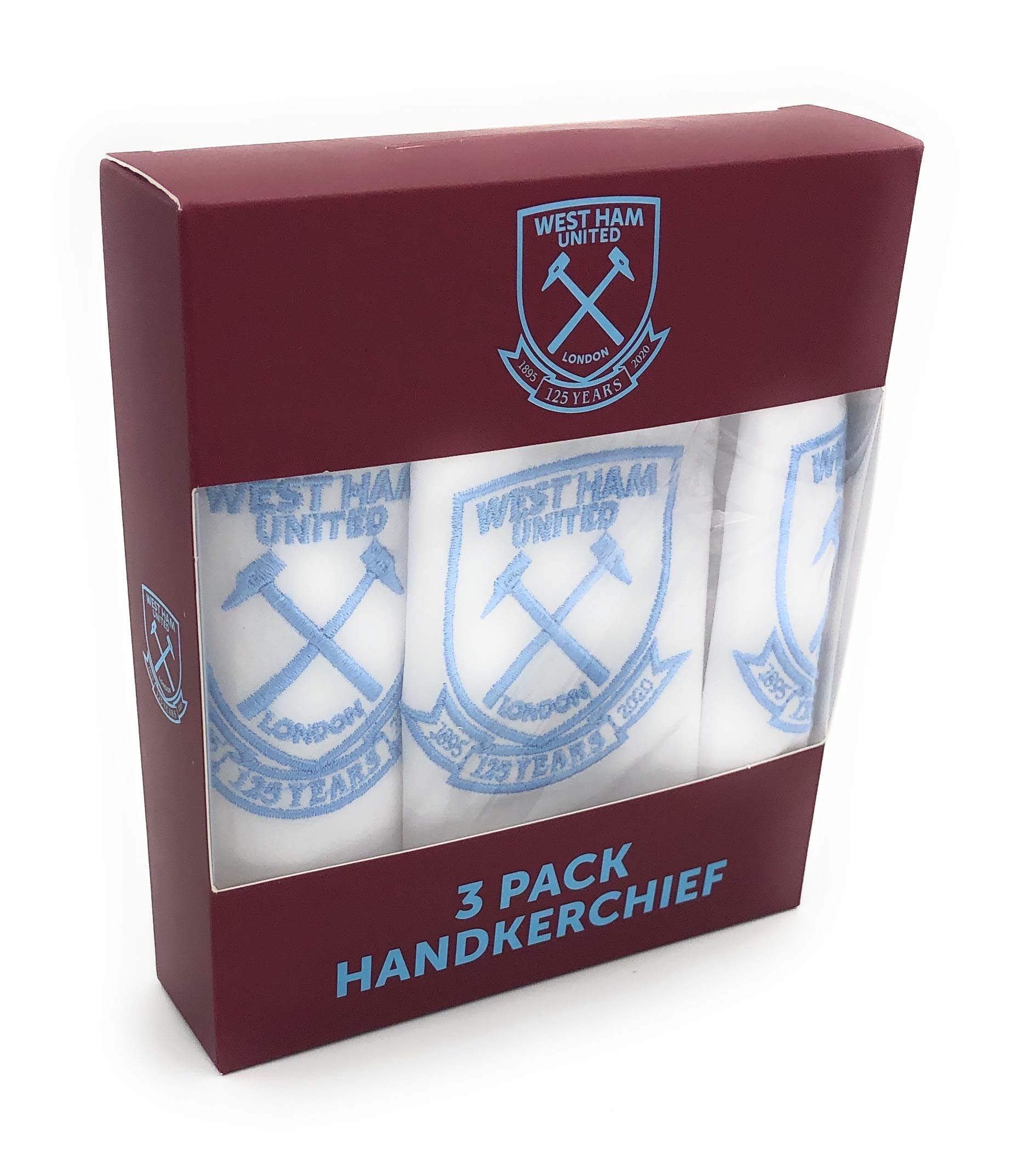 Official West Ham United 100% Cotton 3 Pack Handkerchiefs with Embroidered Crest for Fans. 125 Anniversary Edition
