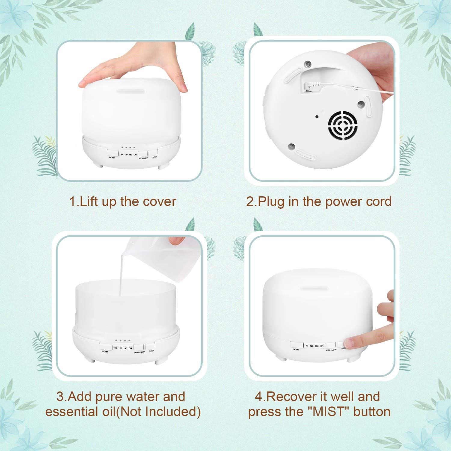 Tenswall Essential Oil Diffuser, 500ml l Diffusers for Essential Oils with Remote Control, Aromatherapy Diffuser Ultrasonic Humidifier with 7 Color LED Lights & Waterless Auto-Off: Home & Kitchen