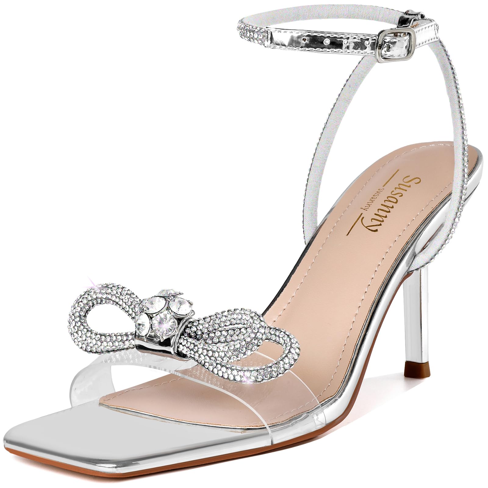 Photo 1 of (9.5) (USED/FAIR) Susanny Silver Heels for Women Rhinestone Wedding Strappy Sandals Sparkly Clear Bow Kitten Heels Sexy Ankle Strap Bridal Party Dress Shoes 9.5
