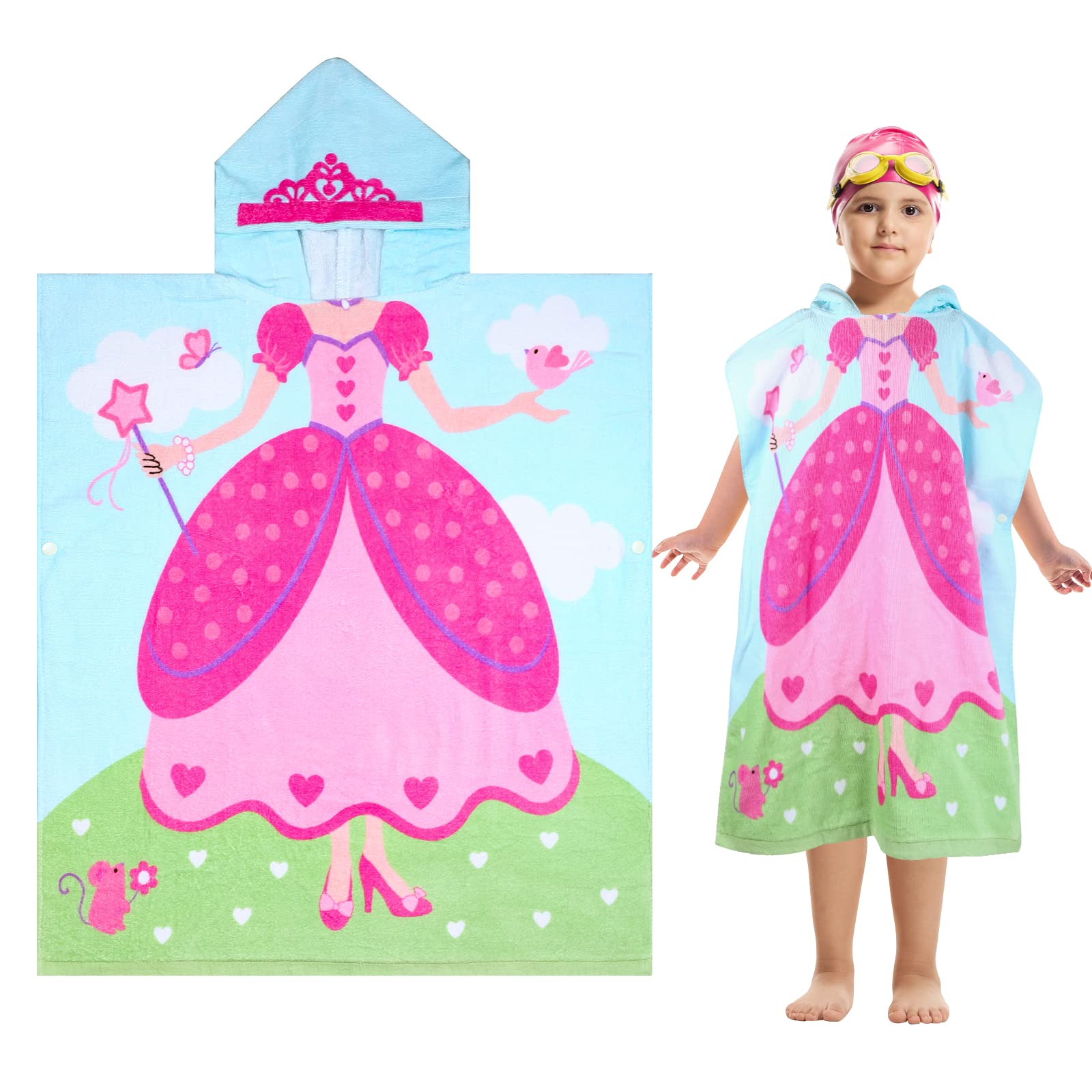 FLYISH DIRECT Hooded Towels for Kids, Kids Poncho Hooded Towel, Swimming Changing Robe, Kids Beach Towel Hooded, 100% Cotton, 96 cm x 60 cm, Princess