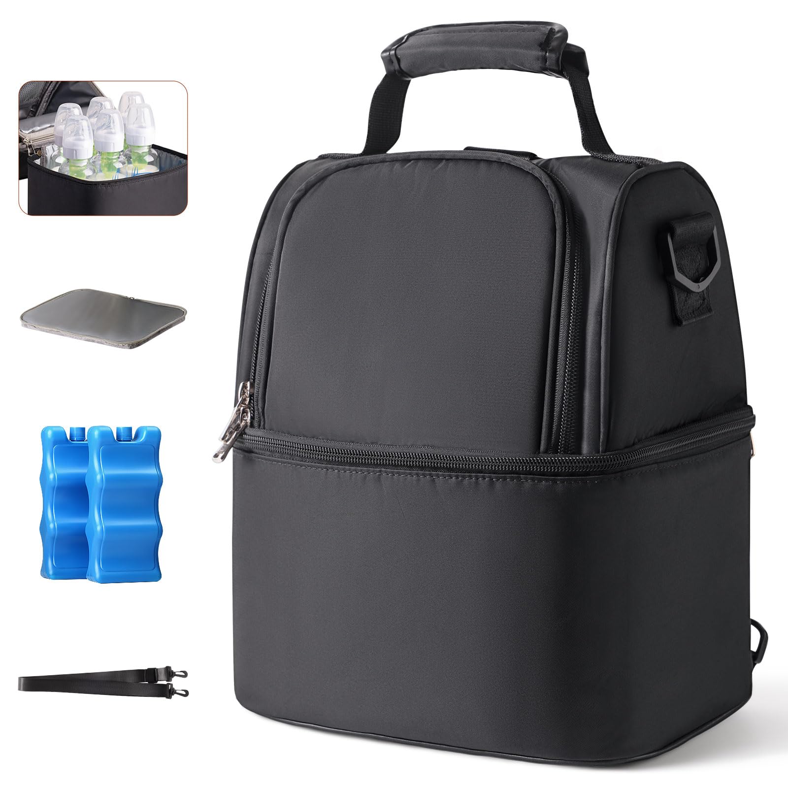 Photo 1 of NCVI Breastmilk Cooler Bag with 2 Ice Pack, Breast Pump Bag with Cooler Fits 6 Bottles, Double Layer Breast Milk Travel Bag Baby Bottle, for Travel, Nursing Mom Daycare, Work, Picnic (Black)