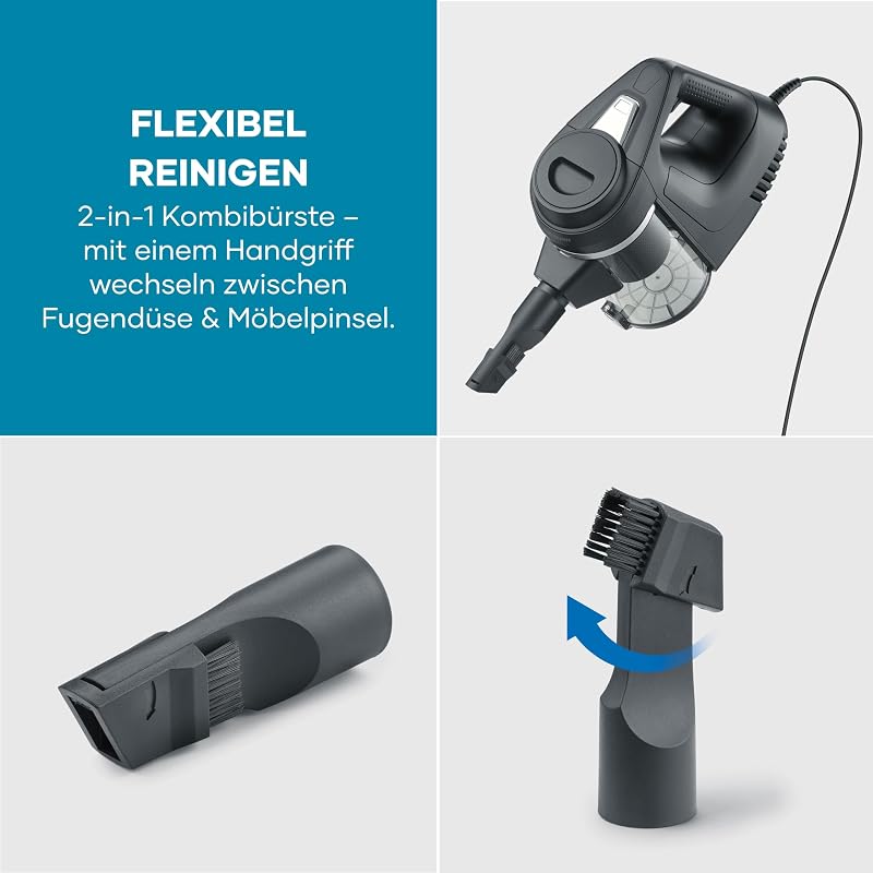Aspirador com fio, 600 W, sucção de 18.000 Pa, tubo telescópico, depósito de pó de 500 ml, cabo de 6 metros, 4 bicos, preto, CY 7080.