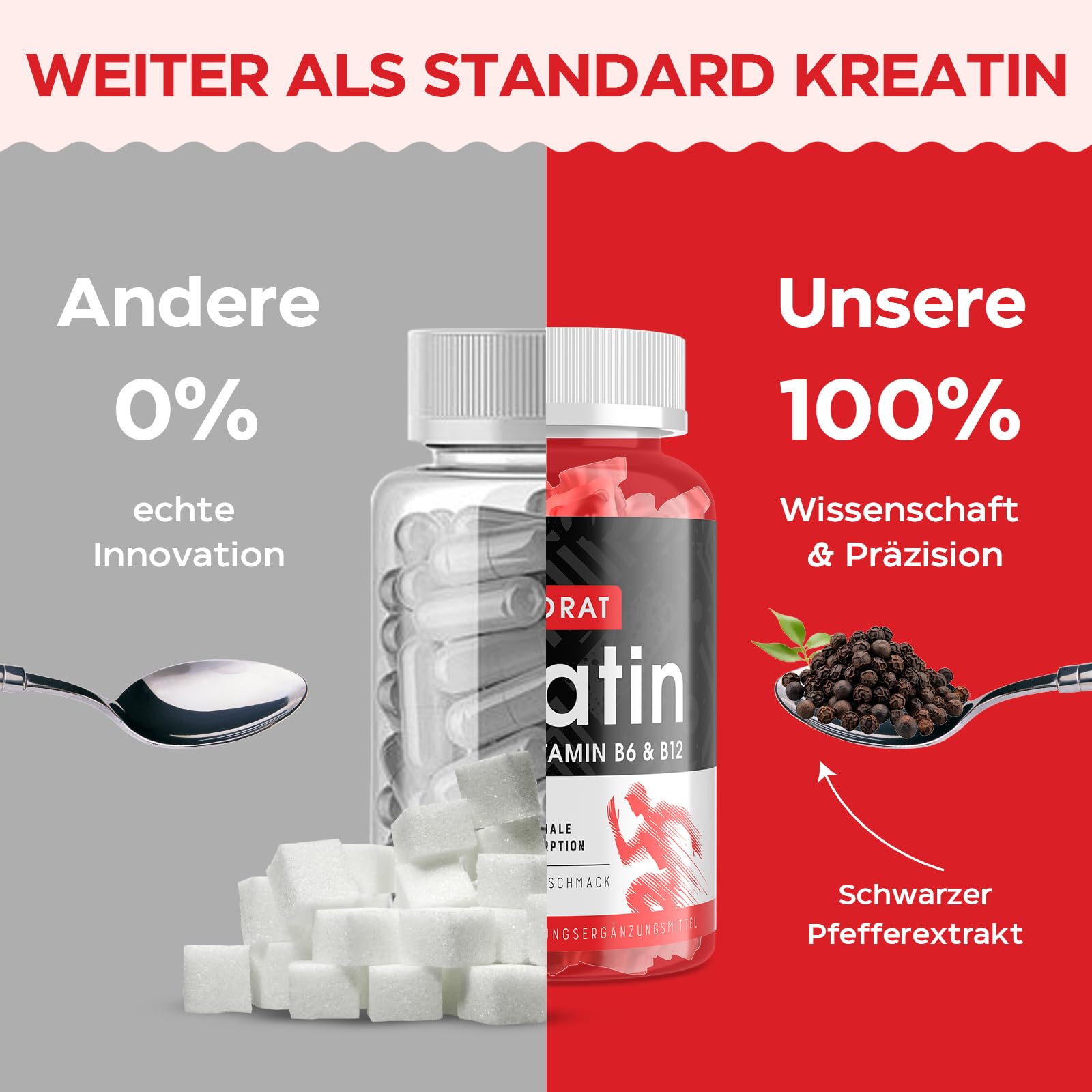 Creatin Monohydrat Gummibärchen 5000mg, Hochdosierte Kreatin mit Taurin, Vitamin B12 & B6, Alternative zu Kreatin Kapseln & Pulver, Vegan, Beerengeschmack, 60 Stück (1er Pack) 5