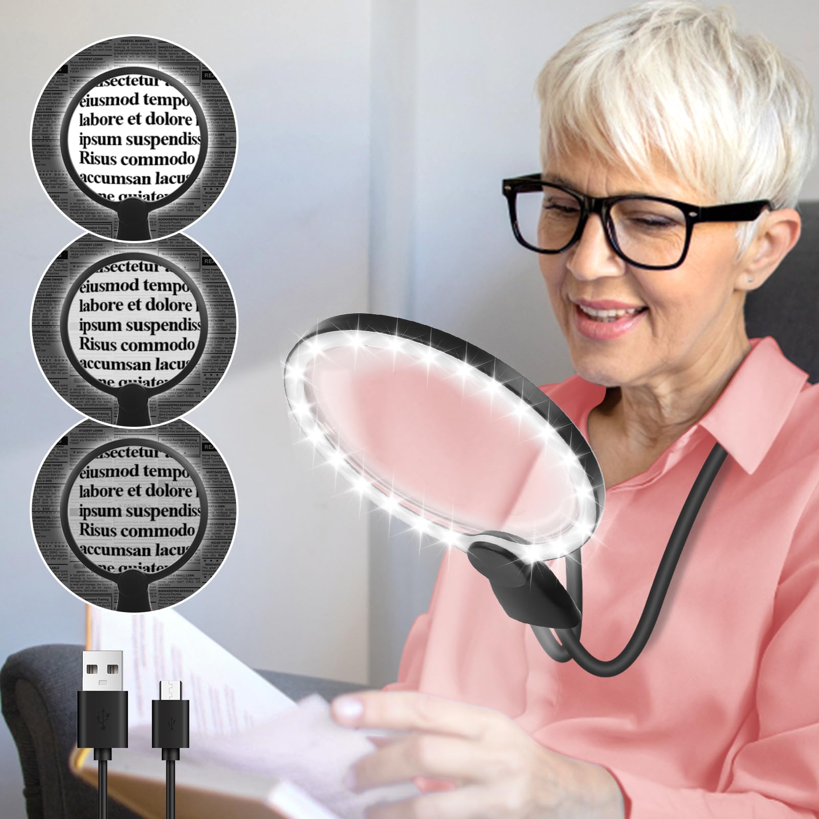 NZQXJXZ Upgrade 5X Rechargeable Hands Free Magnifying Glass with Light, Flexible Gooseneck HD Large Magnifier for Reading, 24 LED Adjustment Brightness for Neck Wear Repair Hobby Seniors