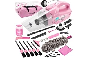 Vioview Pink Car Cleaning Kit, 21PCS Car Detailing Kit Interior Cleaner with 4-in-1 Handheld Car Vacuum Cleaner, Detailing Brush Set, Side Mirror Squeegee, Car Accessories for Cleaning, Gift for Women