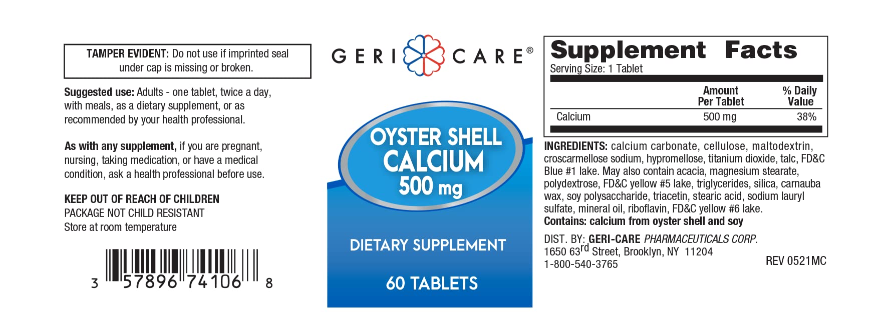 GeriCare Oyster Shell Calcium 500 mg, Bone Health, Nutritional Supplement, 60 Count (Pack of 1)